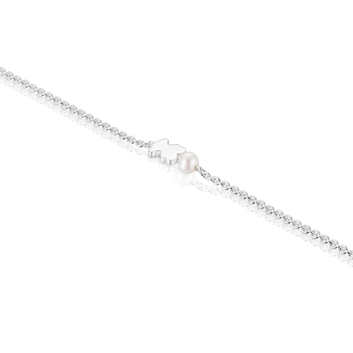 Silver Chain bracelet, bear charm and cultured pearl Sweet Dolls