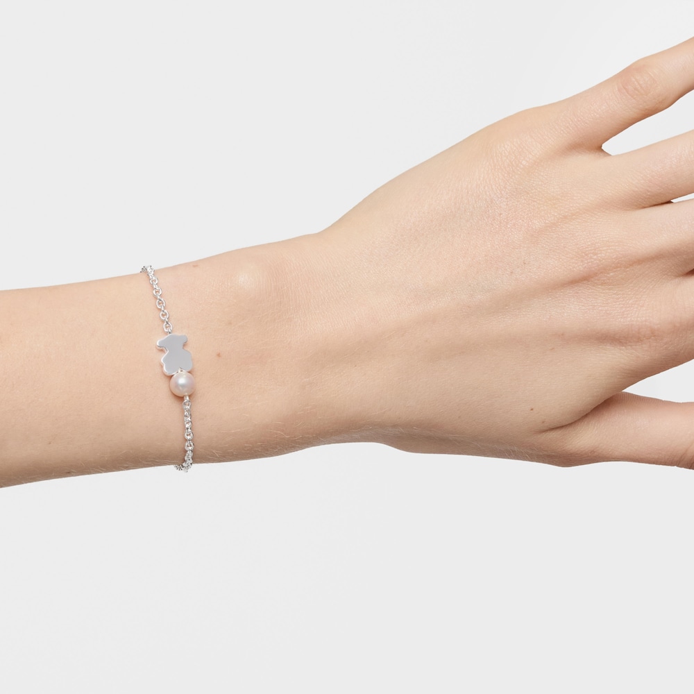 Silver Chain bracelet, bear charm and cultured pearl Sweet Dolls
