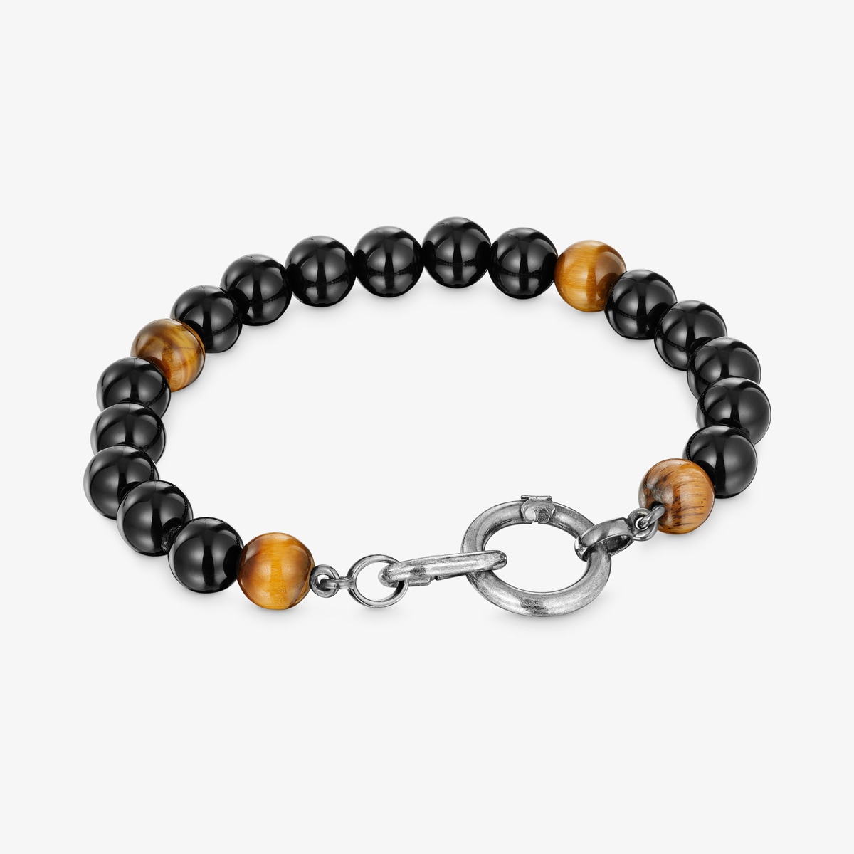 Pulseira em prata envelhecida, ónix, olho de tigre e argolas Hold
