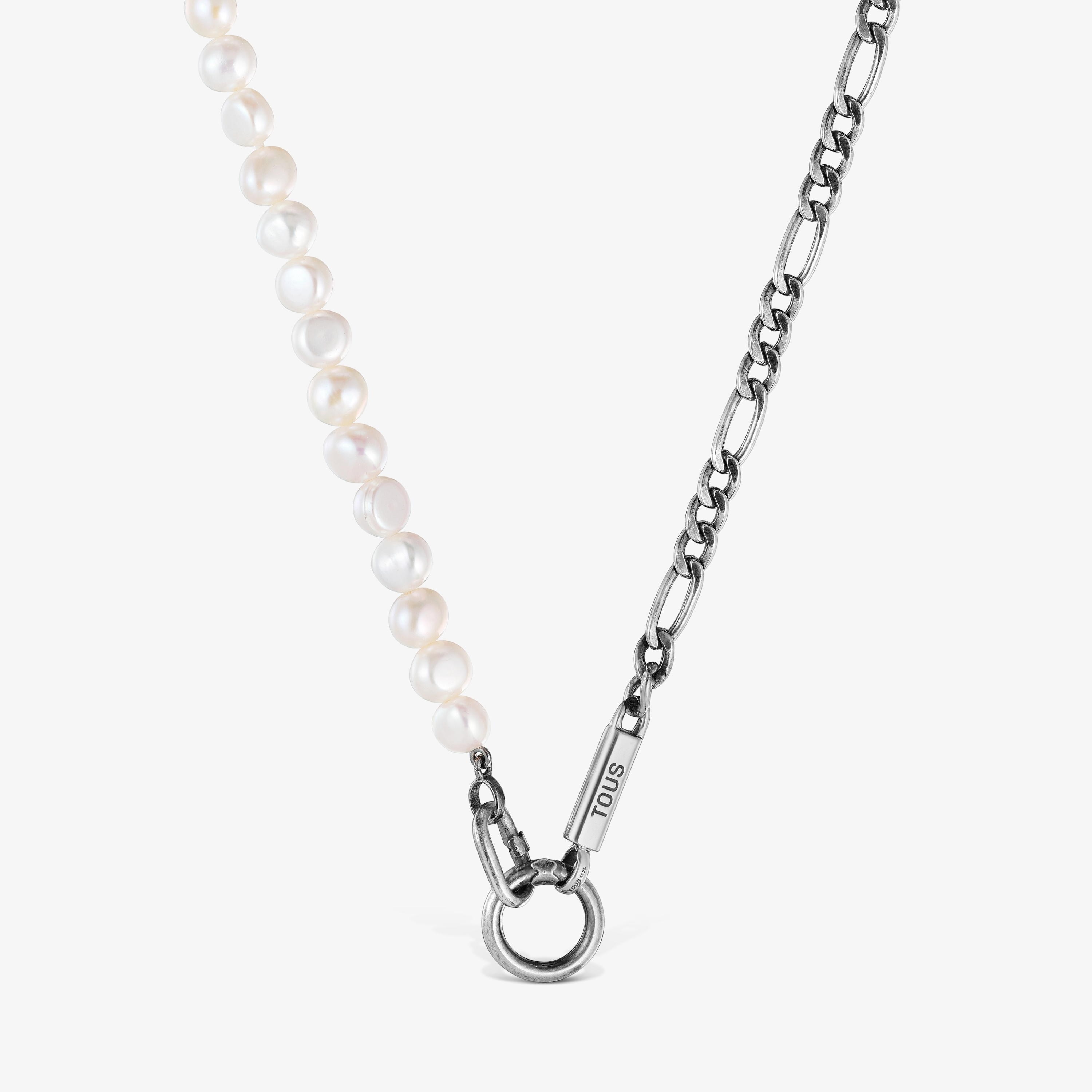 Silver curb chain Necklace with cultured pearls Hold Man