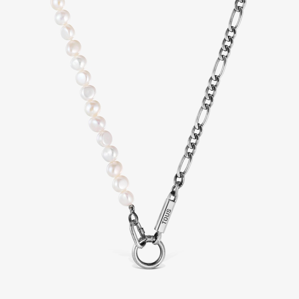 Silver curb chain Necklace with cultured pearls Hold Man