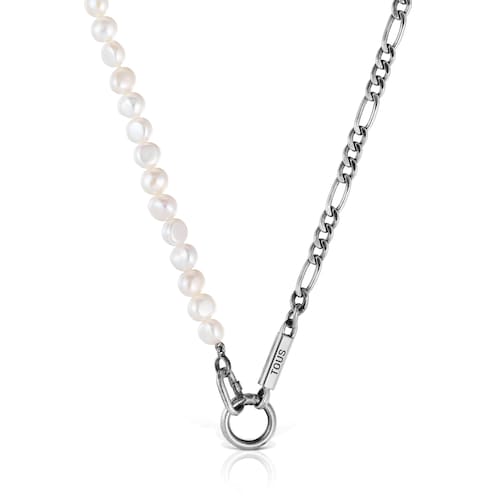 Silver curb chain Necklace with cultured pearls Hold Man