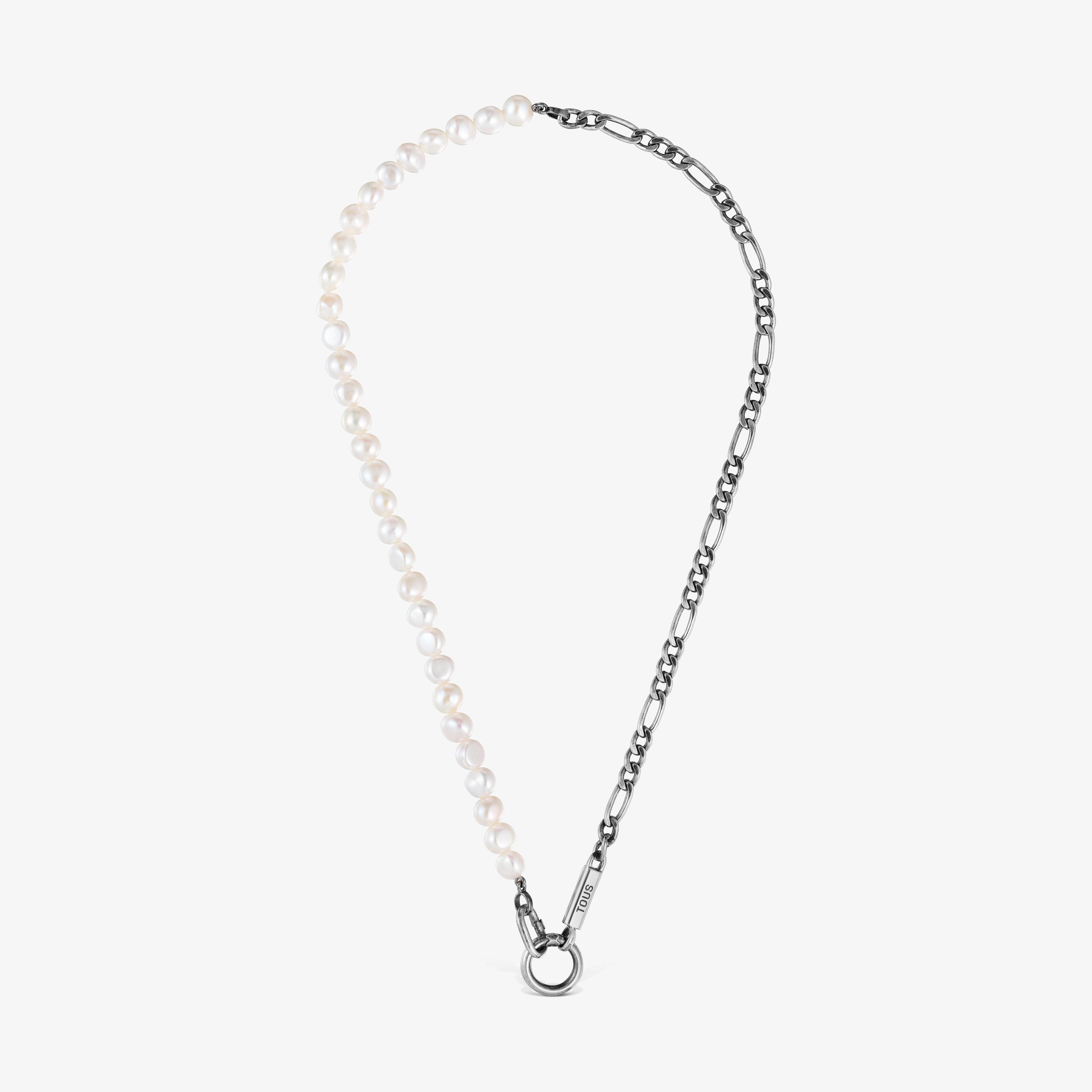 Silver curb chain Necklace with cultured pearls Hold Man | TOUS
