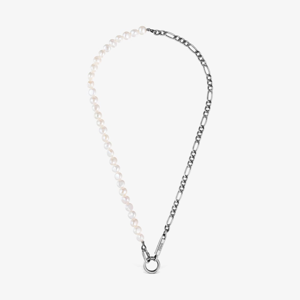 Silver curb chain Necklace with cultured pearls Hold Man