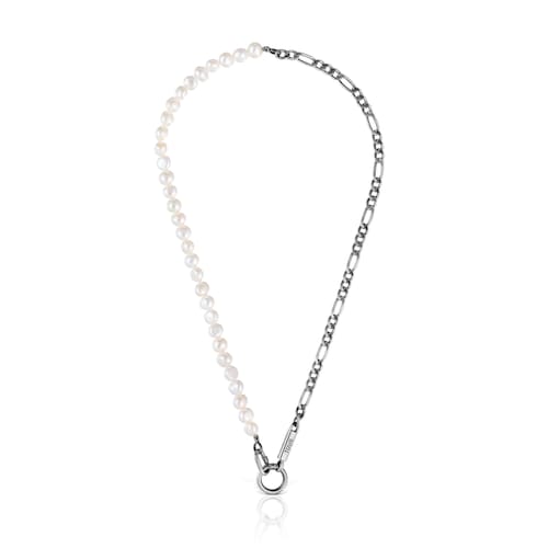 Silver curb chain Necklace with cultured pearls Hold Man