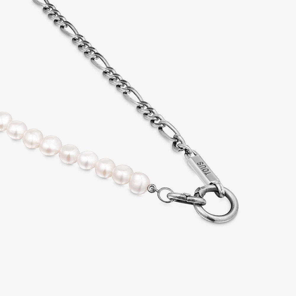 Silver curb chain Necklace with cultured pearls Hold Man