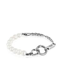 Silver curb chain Bracelet with cultured pearls Hold Man