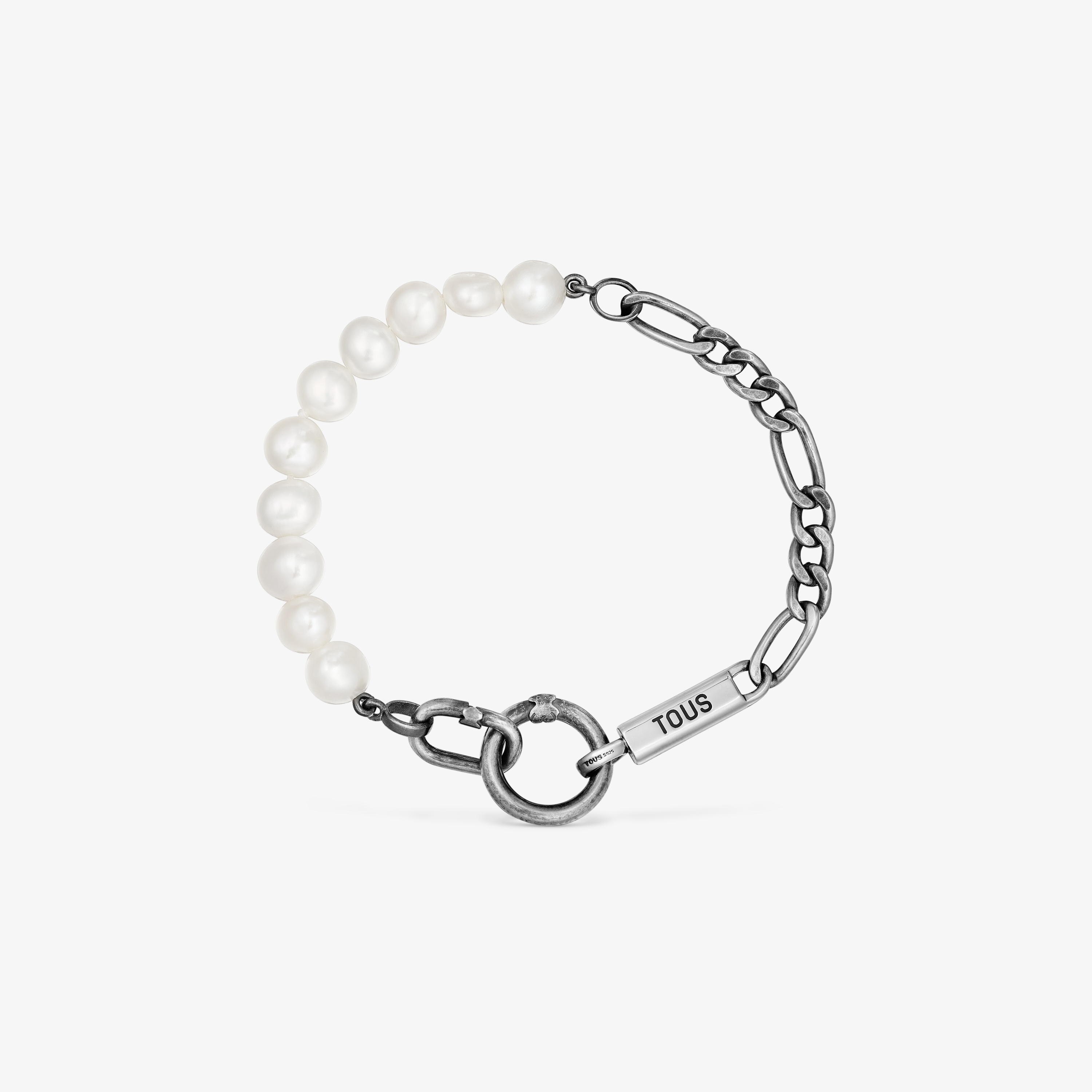 Silver curb chain Bracelet with cultured pearls Hold Man