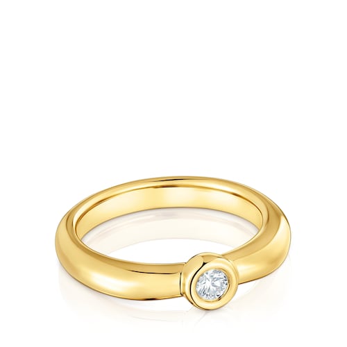 Anillo ancho con baño de oro 18 kt sobre plata y diamante creado en laboratorio Line LGD