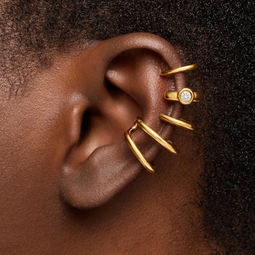 18kt gold plating over silver 5-hoop Earcuff with laboratory-grown diamond Line LGD