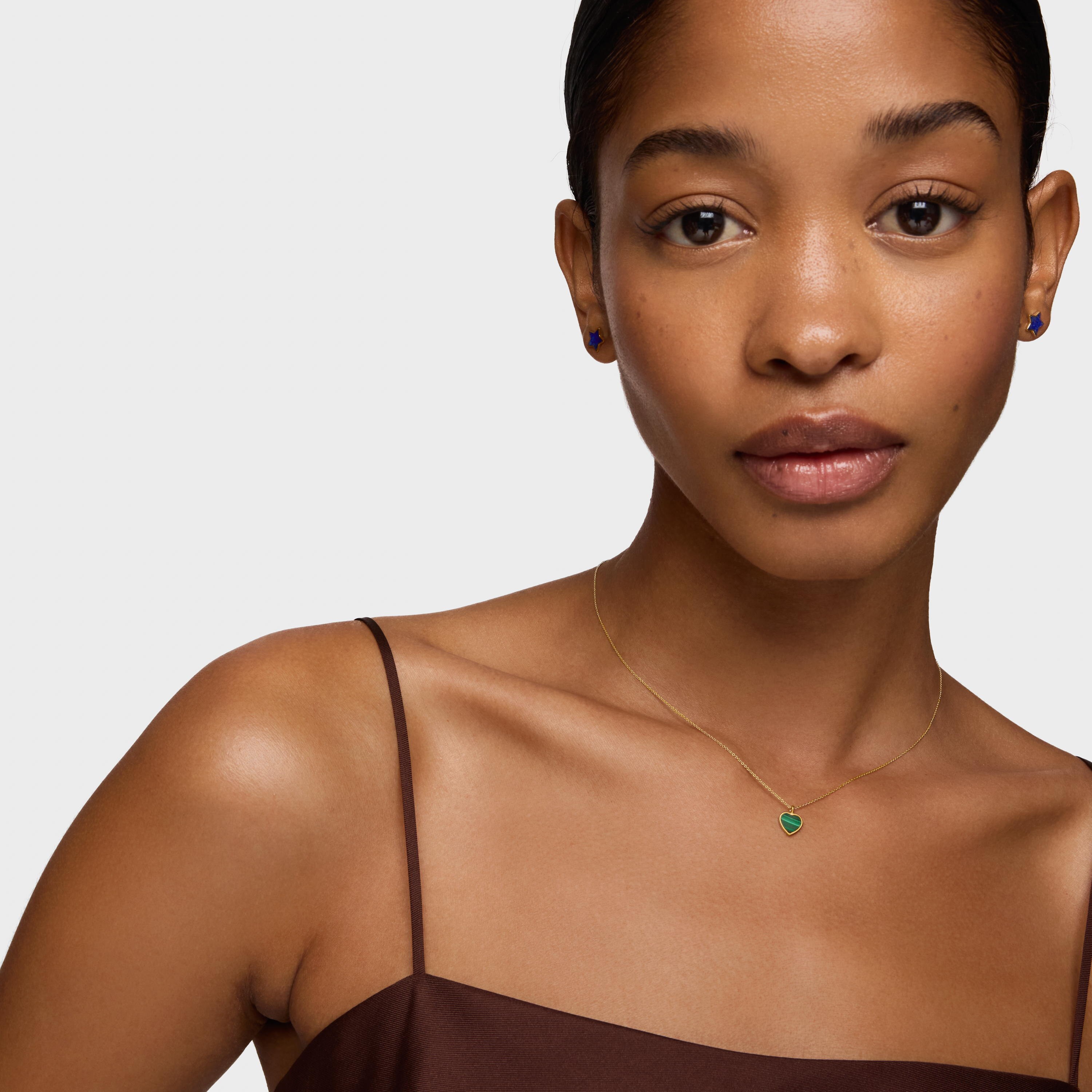 Short 14K solid gold Necklace with malachite XXS