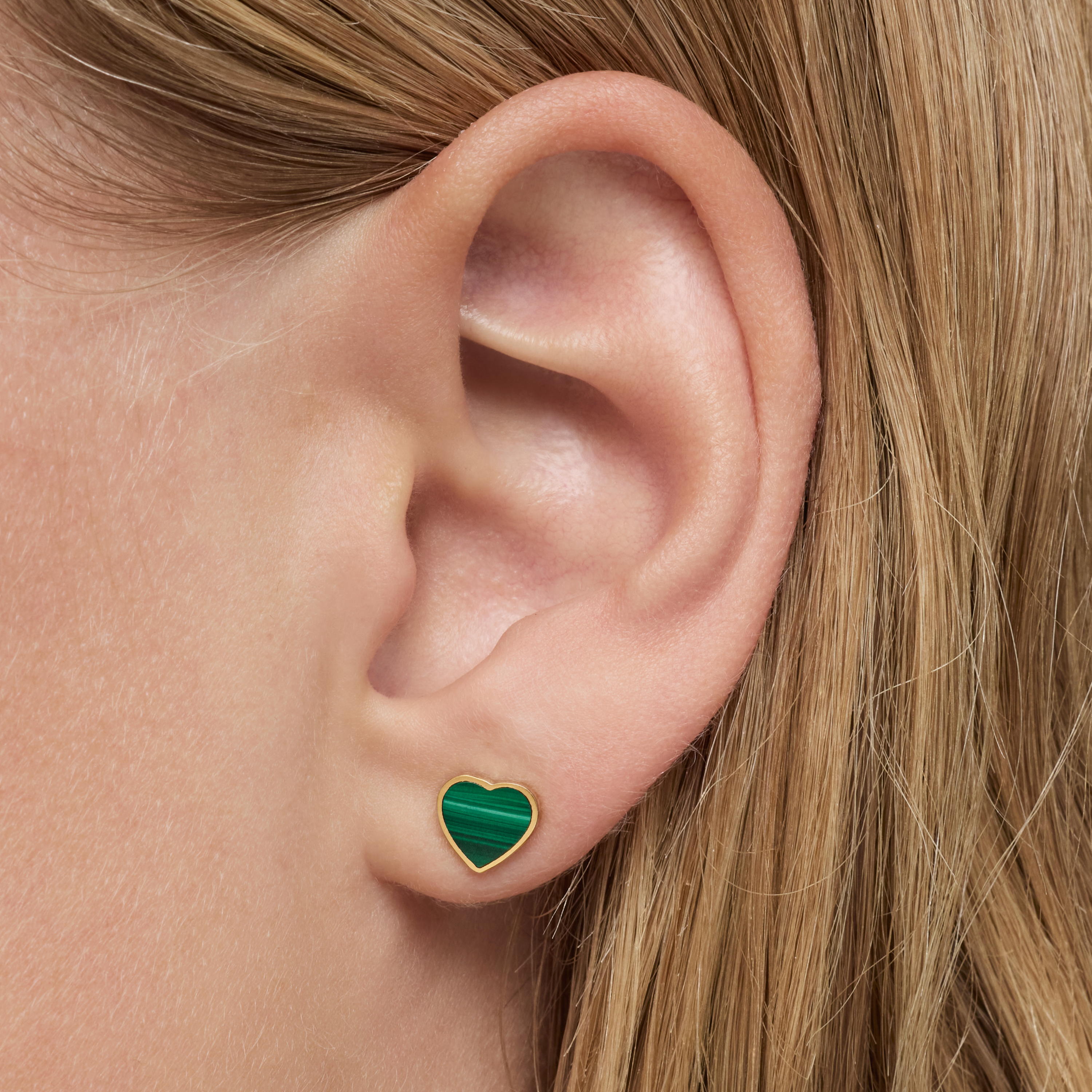 14kt gold Heart earrings with malachite XXS