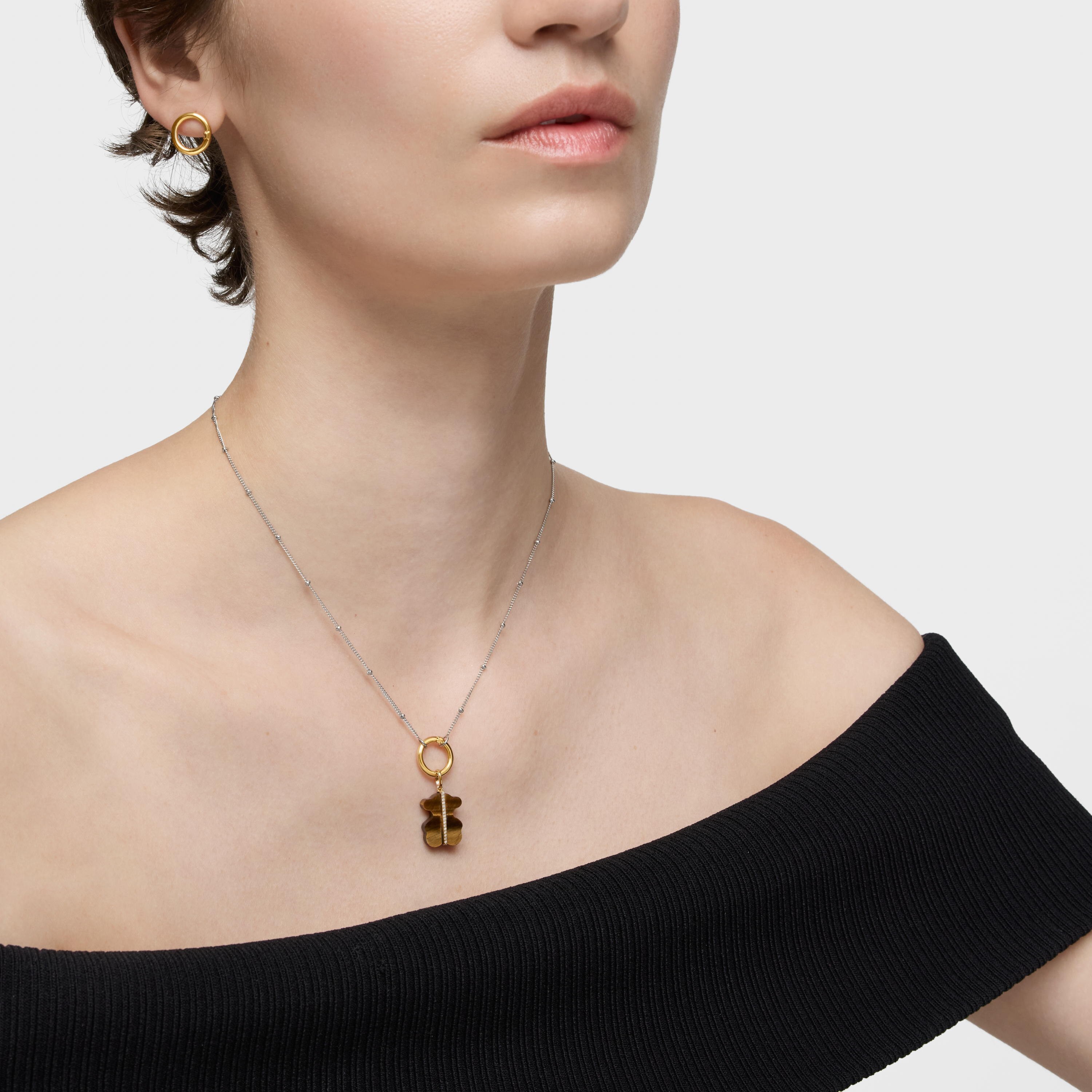 Bear Pendant with diamonds, tiger's eye and 14K solid gold Sweet