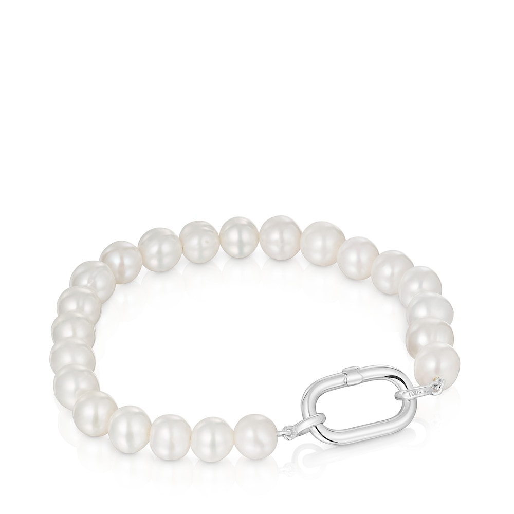 Pulsera con perlas cultivadas y anilla de plata Hold Oval image number 0