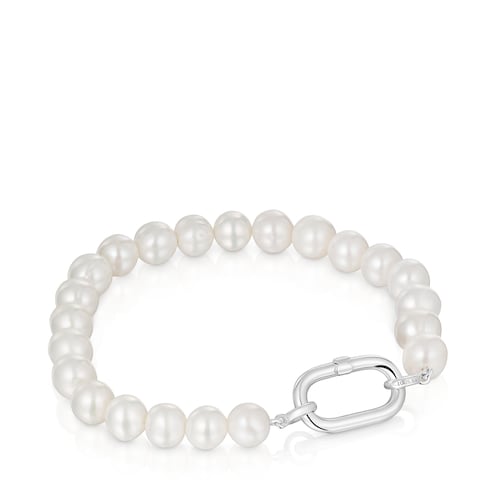 Pulsera con perlas cultivadas y anilla de plata Hold Oval