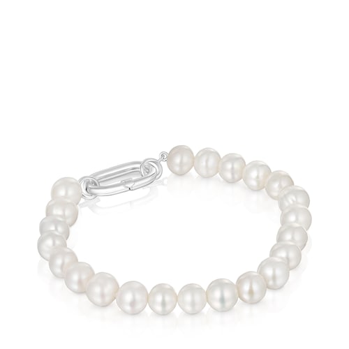 Pulsera con perlas cultivadas y anilla de plata Hold Oval