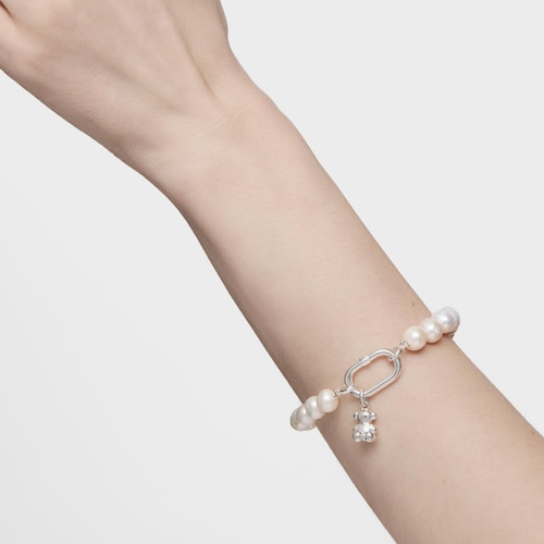 Pulsera con perlas cultivadas y anilla de plata Hold Oval