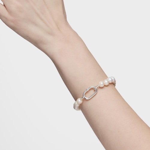 Pulsera con perlas cultivadas y anilla de plata Hold Oval