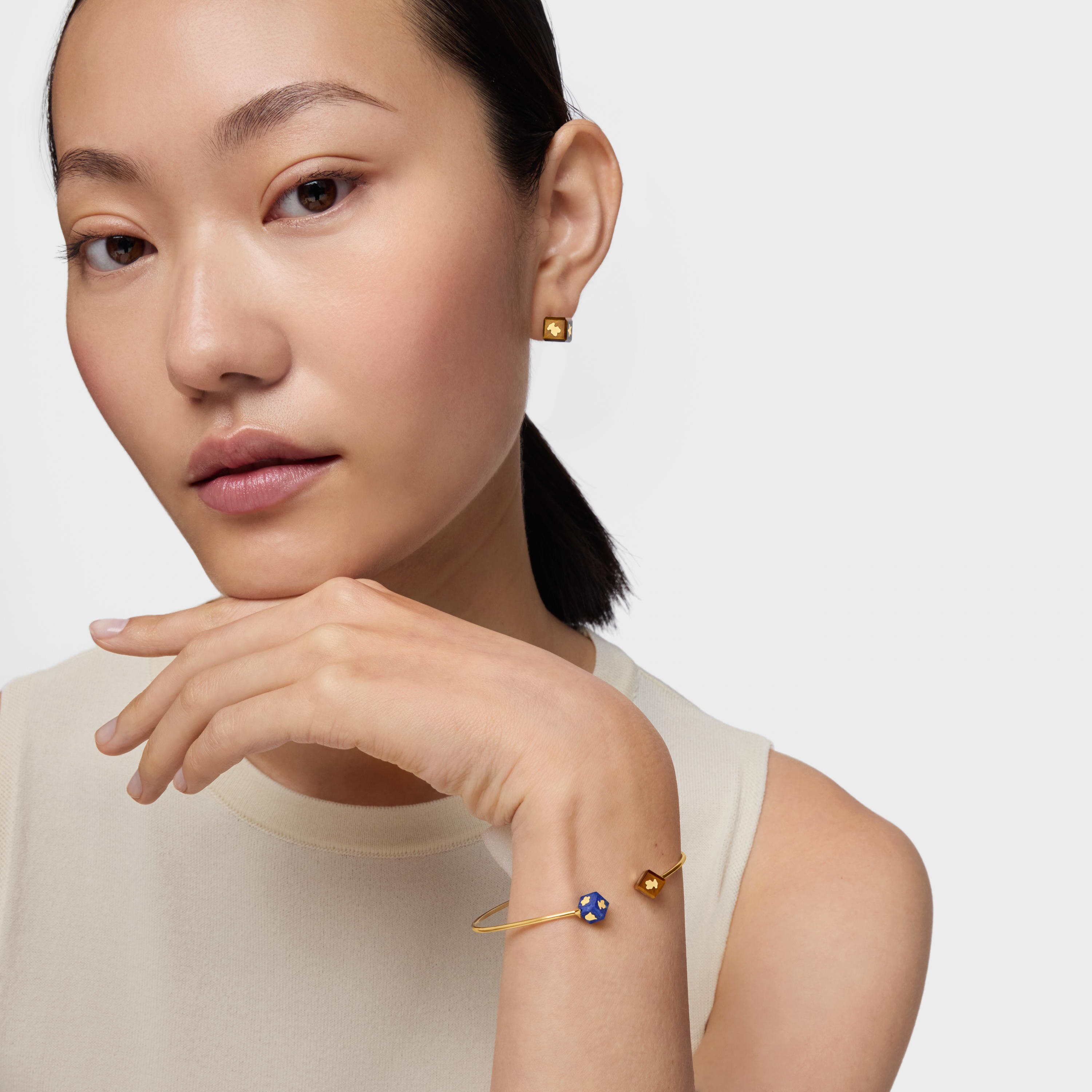 14K solid gold Bangle with gemstones Cube