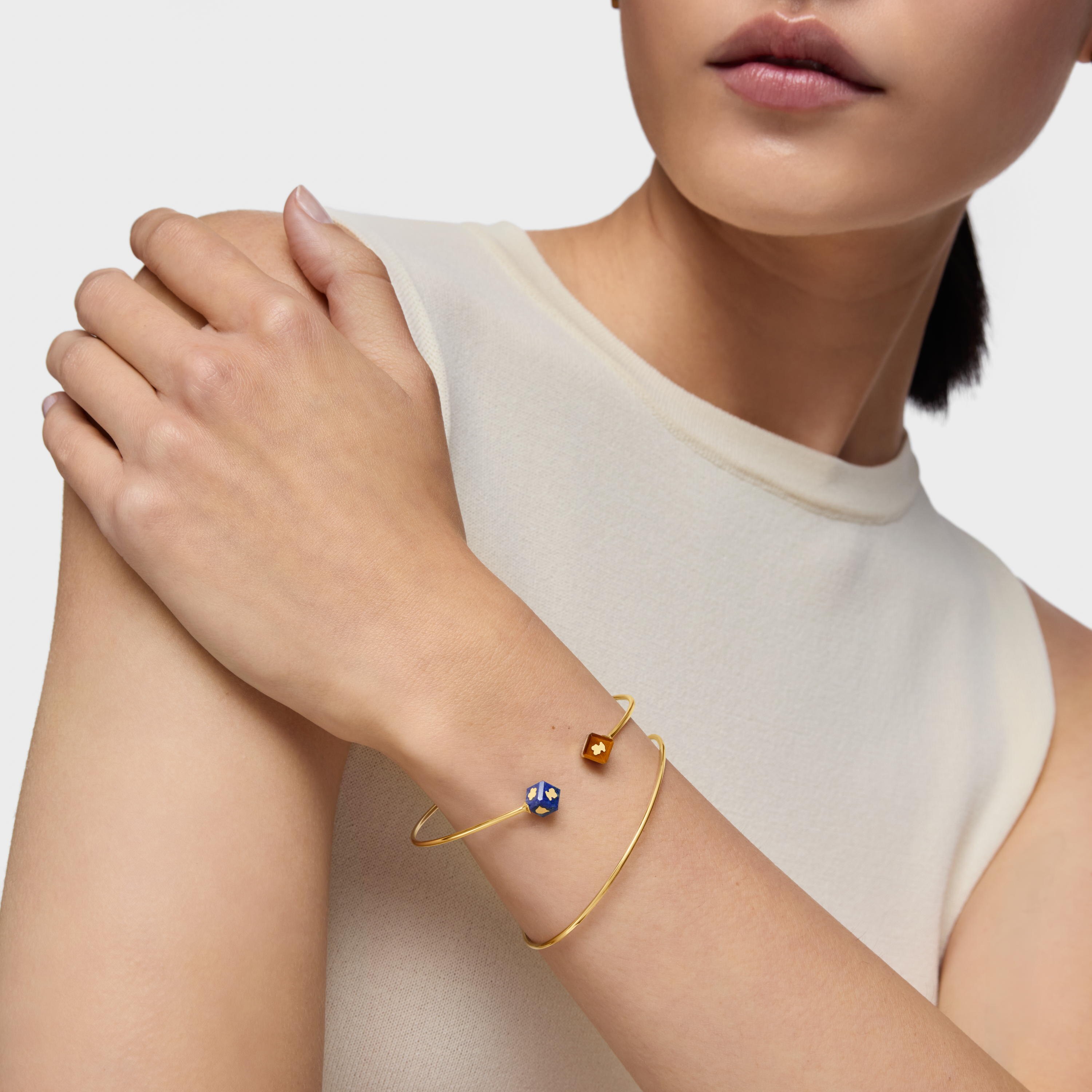 14K solid gold Bangle with gemstones Cube