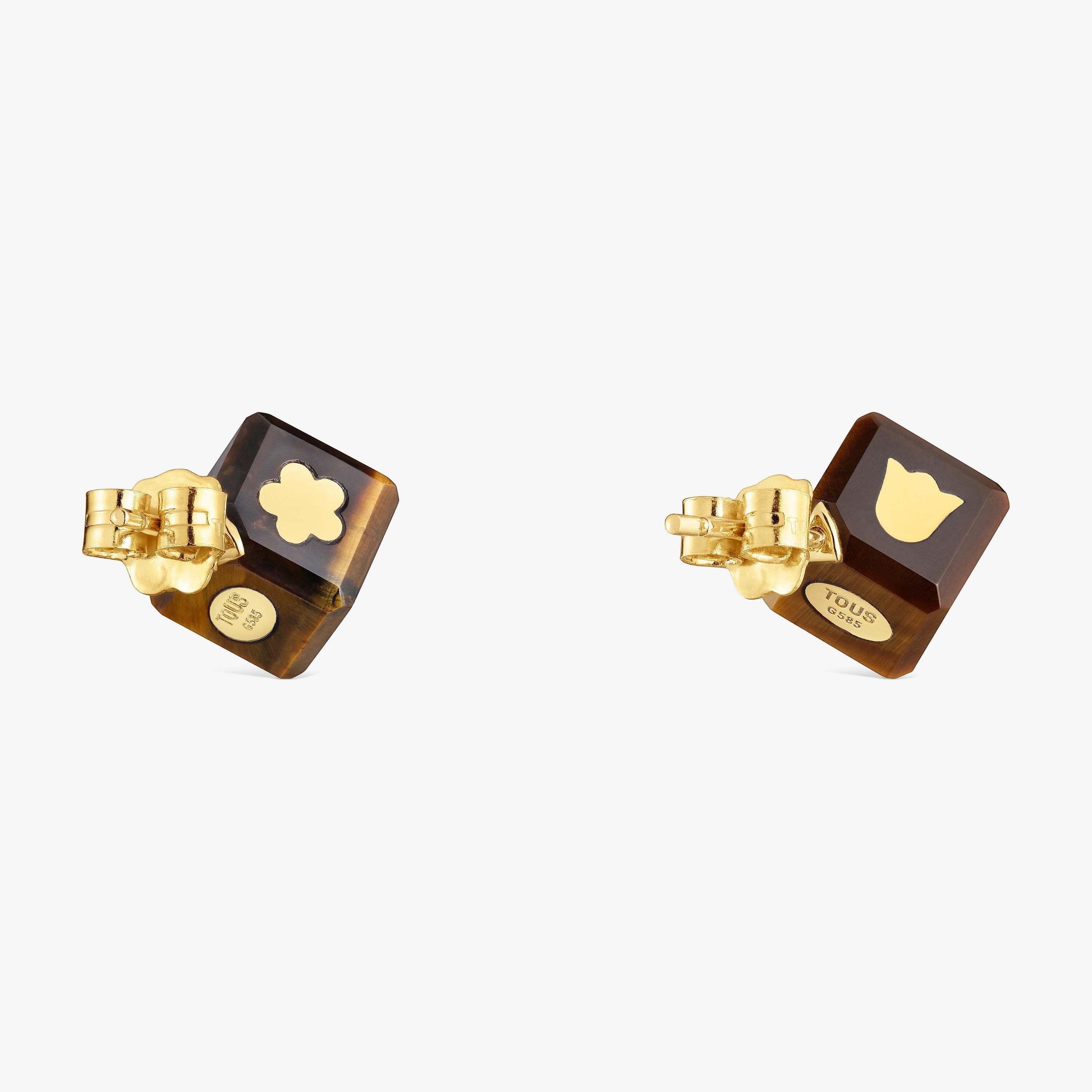 14K solid gold Earrings with tiger’s eye Cube