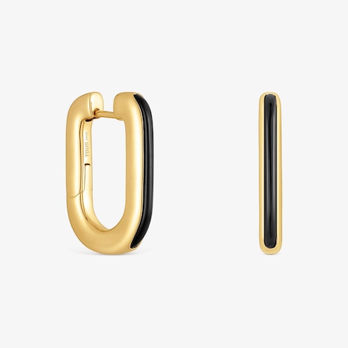 Aretes de aro con ba&ntilde;o de oro 18 kt sobre plata y &oacute;nix Line