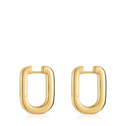 Pendientes de aro con baño de oro 18 kt sobre plata y ónix Line