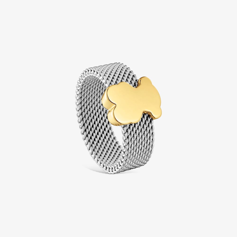 Large steel Ring with 14K solid gold bear Icon Mesh
