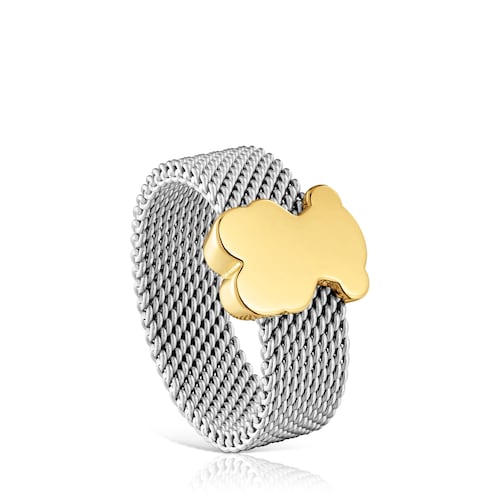 Large steel Ring with 14kt gold bear Icon Mesh