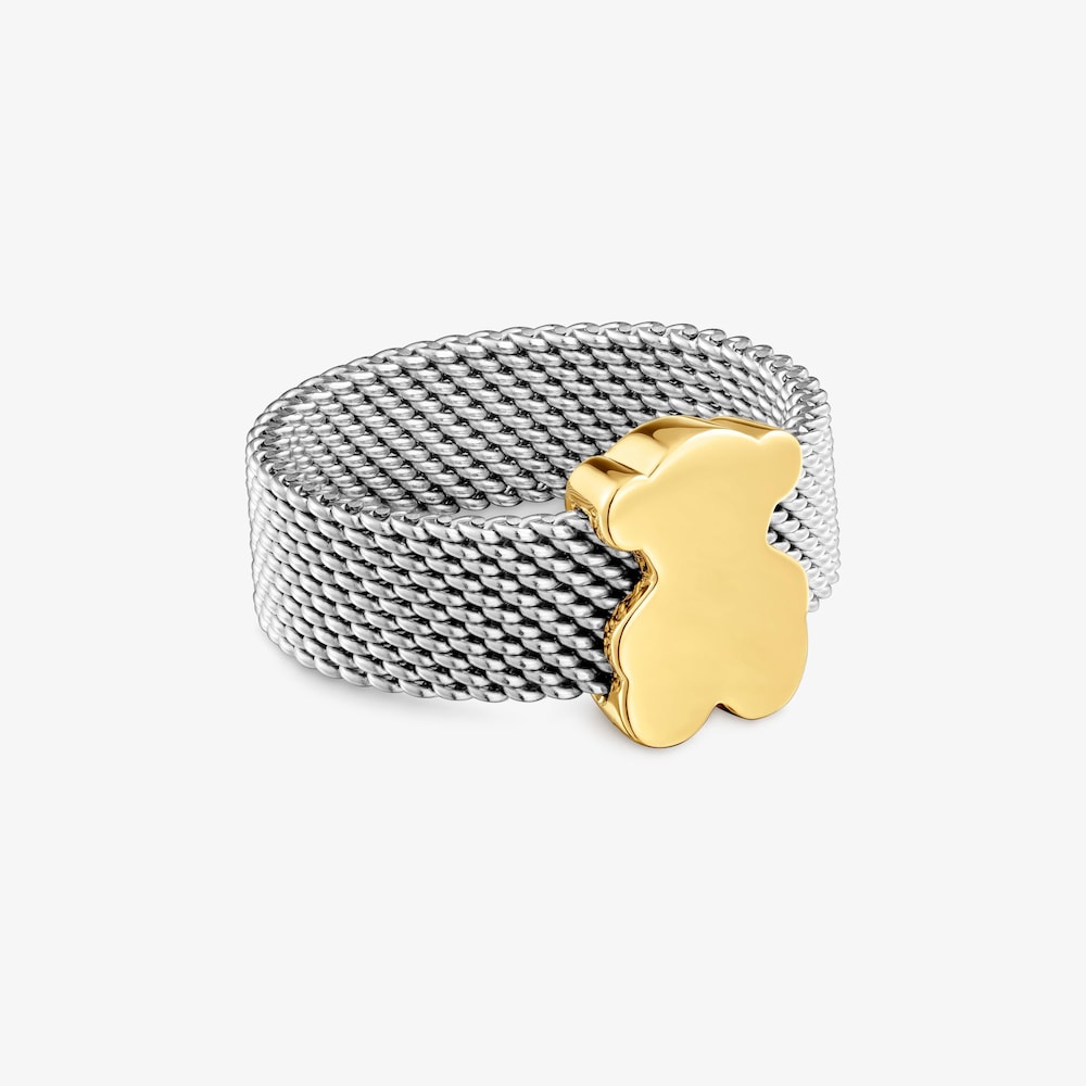 Large steel Ring with 14K solid gold bear Icon Mesh
