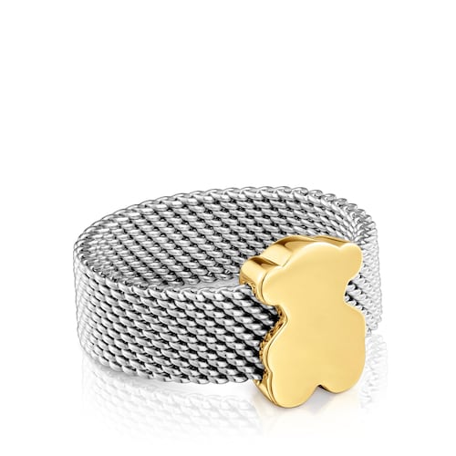 Large steel Ring with 14kt gold bear Icon Mesh