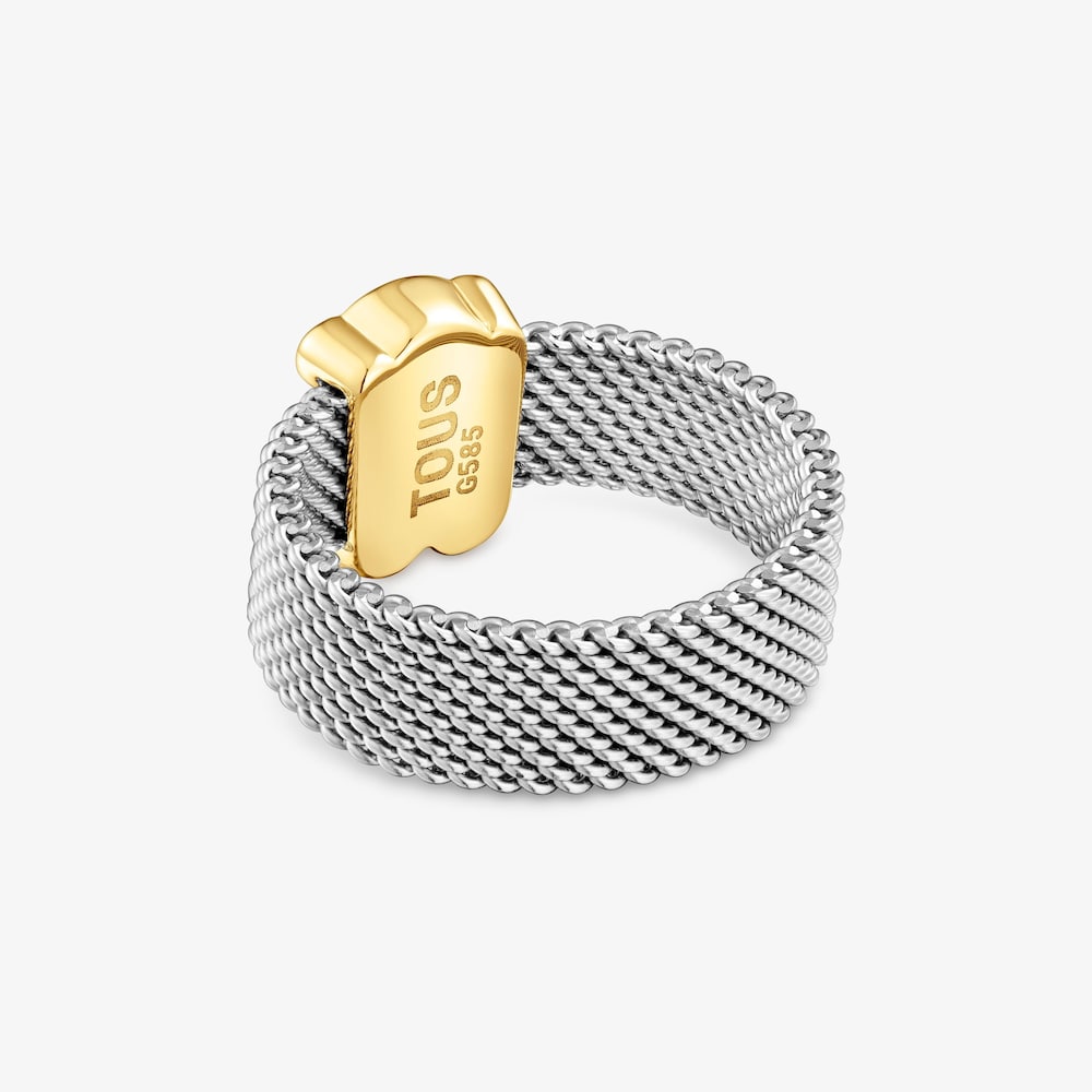 Large steel Ring with 14K solid gold bear Icon Mesh