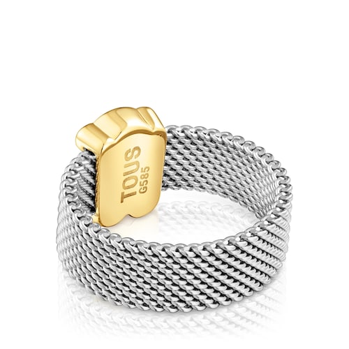 Large steel Ring with 14kt gold bear Icon Mesh