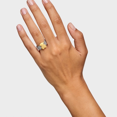 Large steel Ring with 14kt gold bear Icon Mesh
