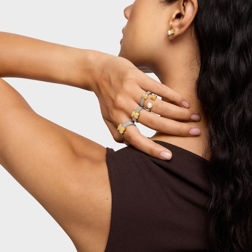 Large steel Ring with 14kt gold bear Icon Mesh