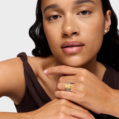 Large steel Ring with 14kt gold bear Icon Mesh