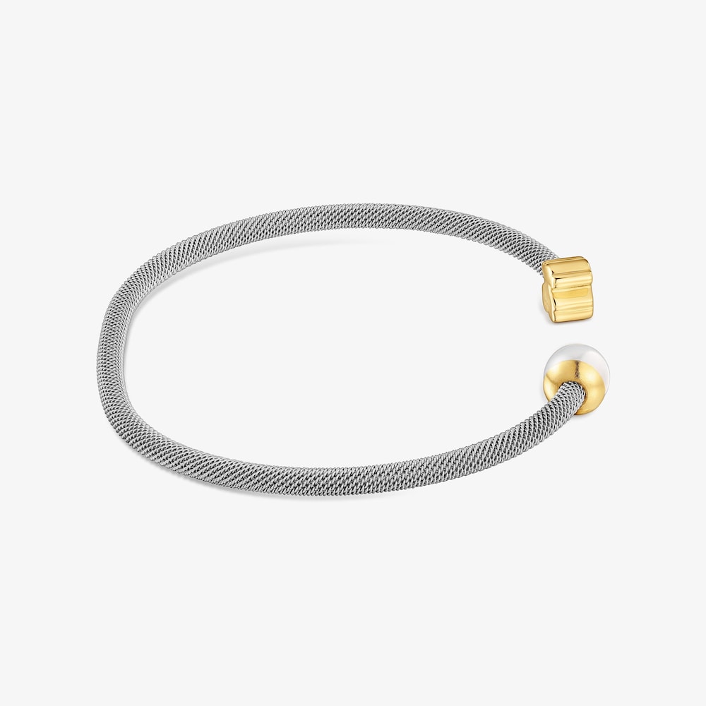 צמיד בנגל Icon Mesh מזהב 14 קראט, פנינה מתורבתת ופלדה