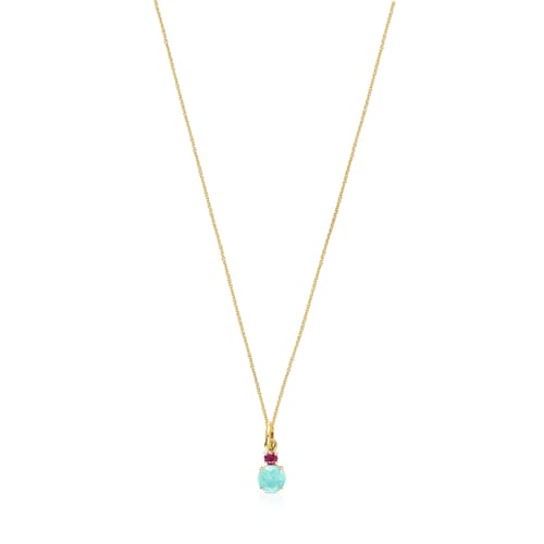 Collar corto de oro 14 kt con amazonita y rubí tratado Mini Ivette