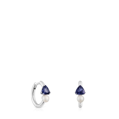14kt white gold, iolite and cultured pearl Hoop earrings Ivette