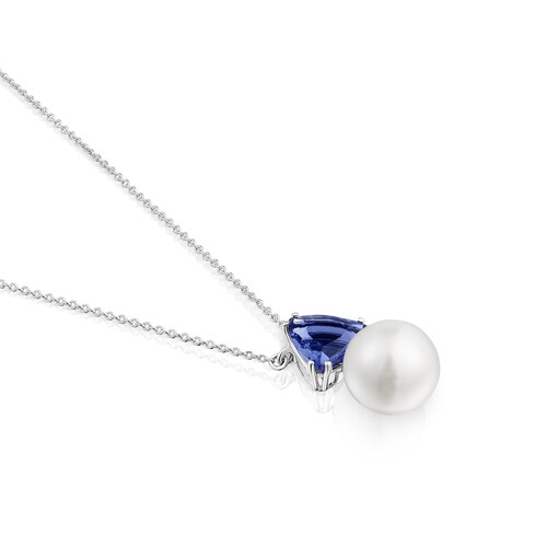 Collar corto de oro blanco 14 kt, iolita y perla cultivada Ivette