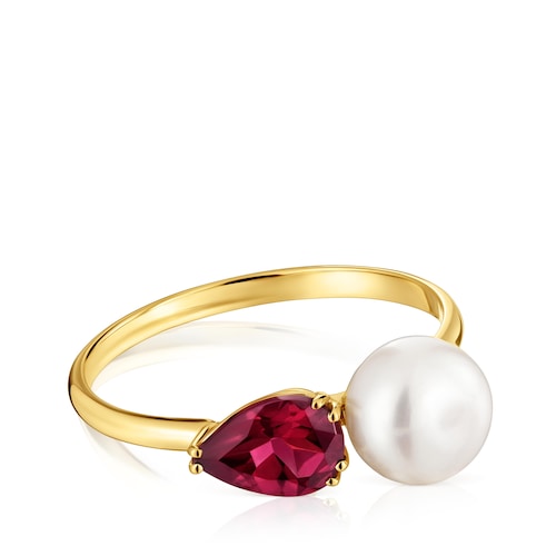 14kt gold, rhodolite and cultured pearl Ring Ivette