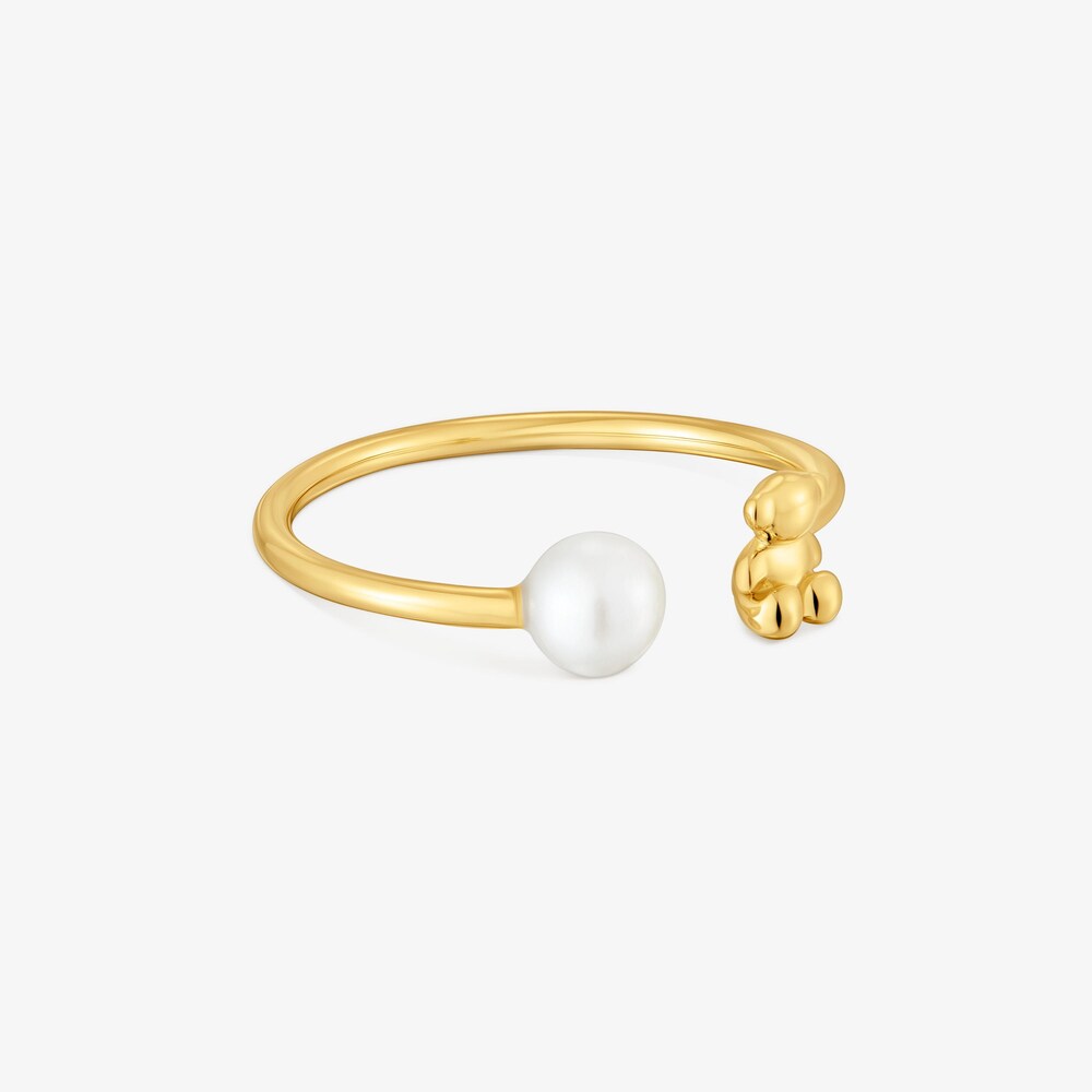 Anel aberto urso em ouro 14 K e p&eacute;rola cultivada Bold Bear