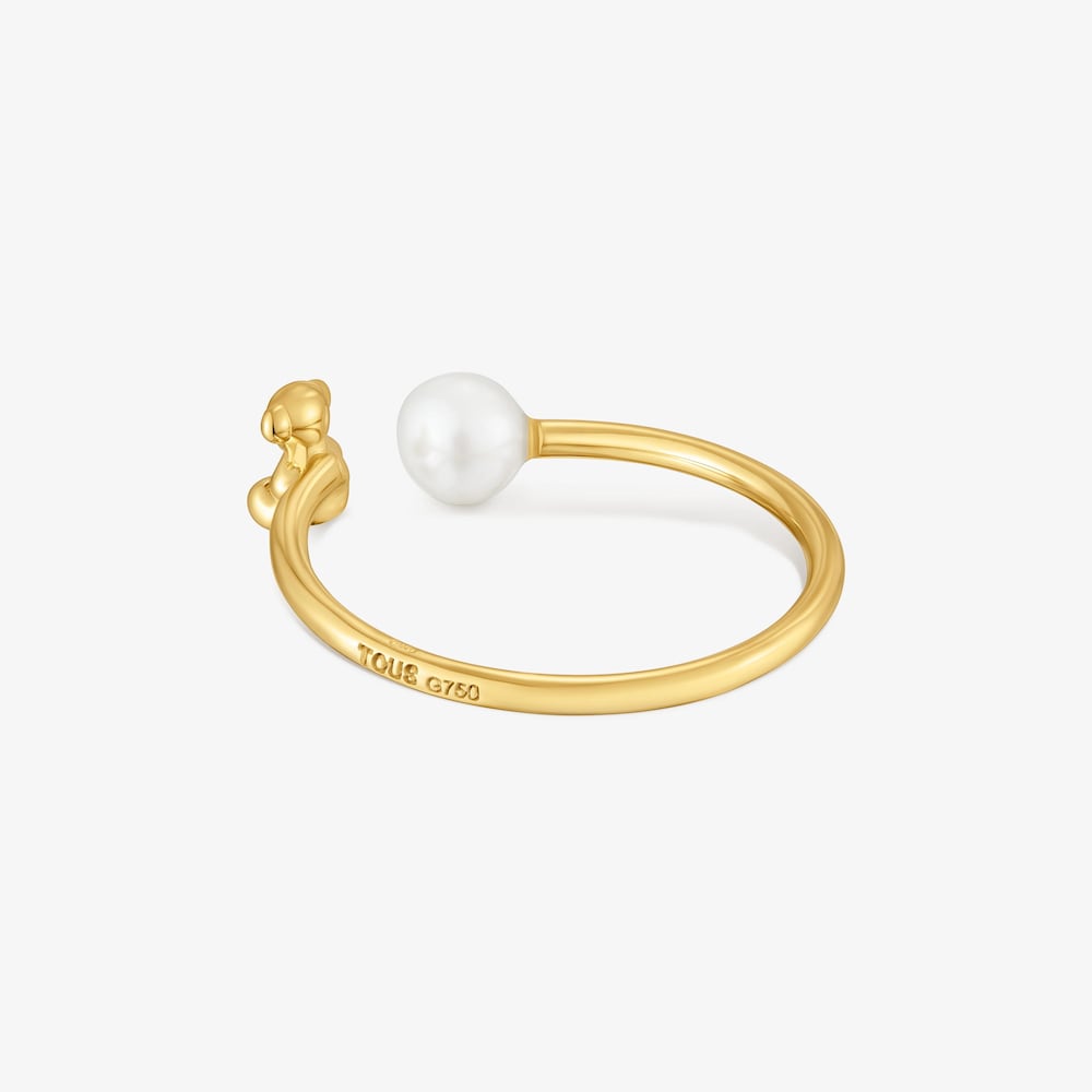Anel aberto urso em ouro 14 K e p&eacute;rola cultivada Bold Bear