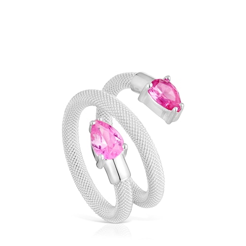 Anillo espiral de plata y gemas creadas en laboratorio TOUS Mesh LGG
