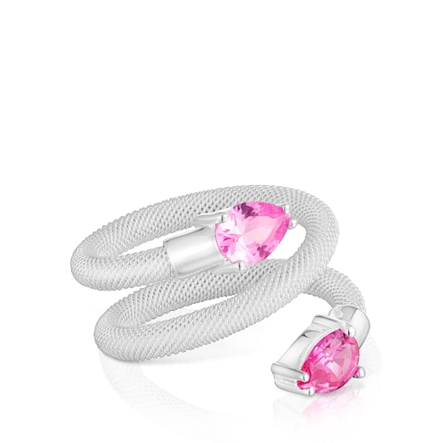 Anillo espiral de plata y gemas creadas en laboratorio TOUS Mesh LGG