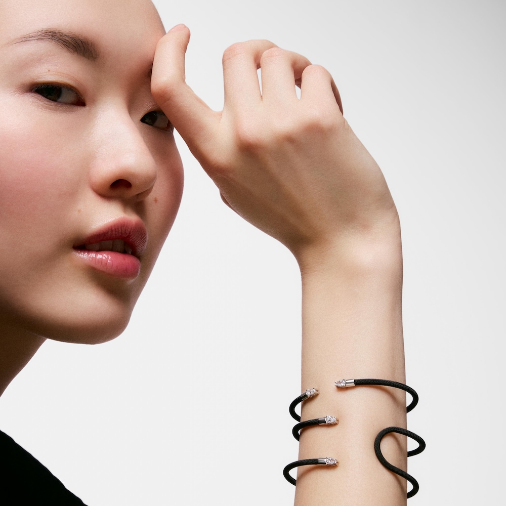 Doppel-Armreif TOUS Mesh LGD aus Platin, schwarzem Stahl und im Labor gez&uuml;chteten Diamanten