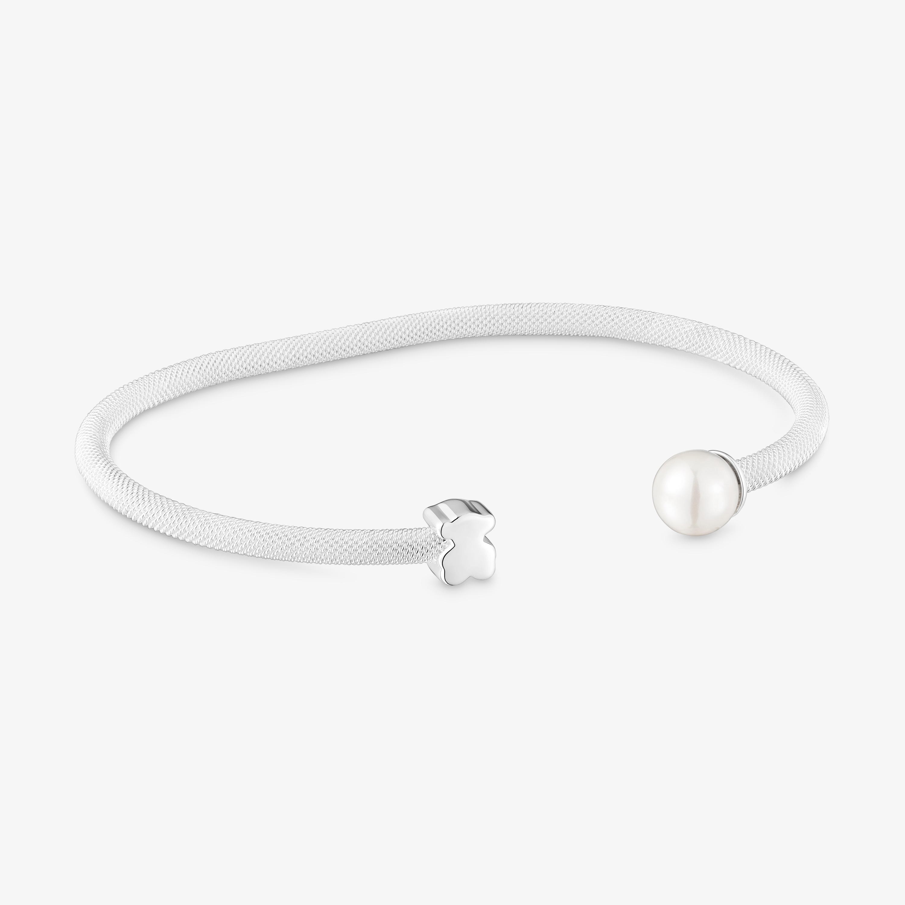 Silver Bangle with cultured pearl Icon Mesh