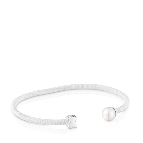 Silver Bangle with cultured pearl Icon Mesh