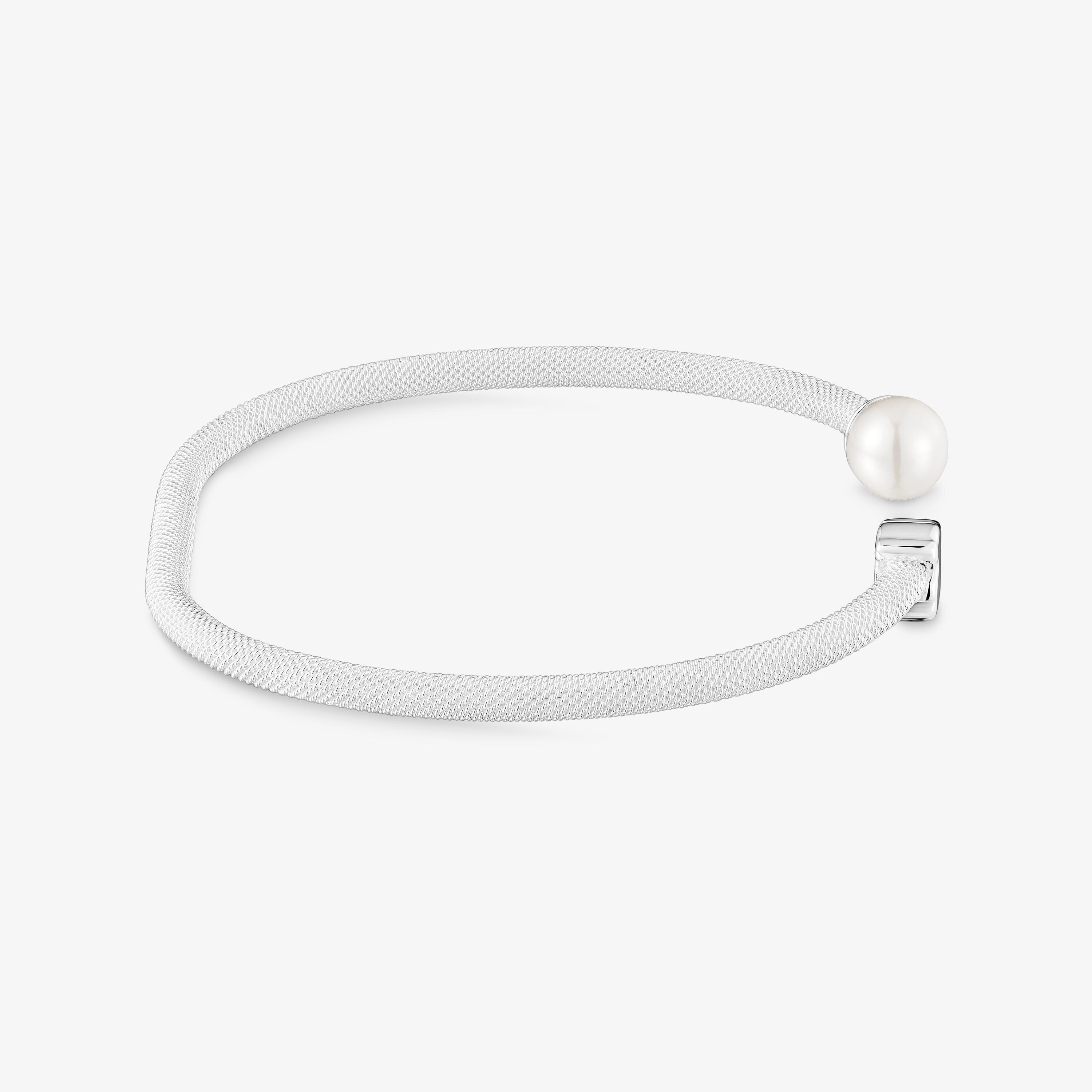 Silver Bangle with cultured pearl Icon Mesh