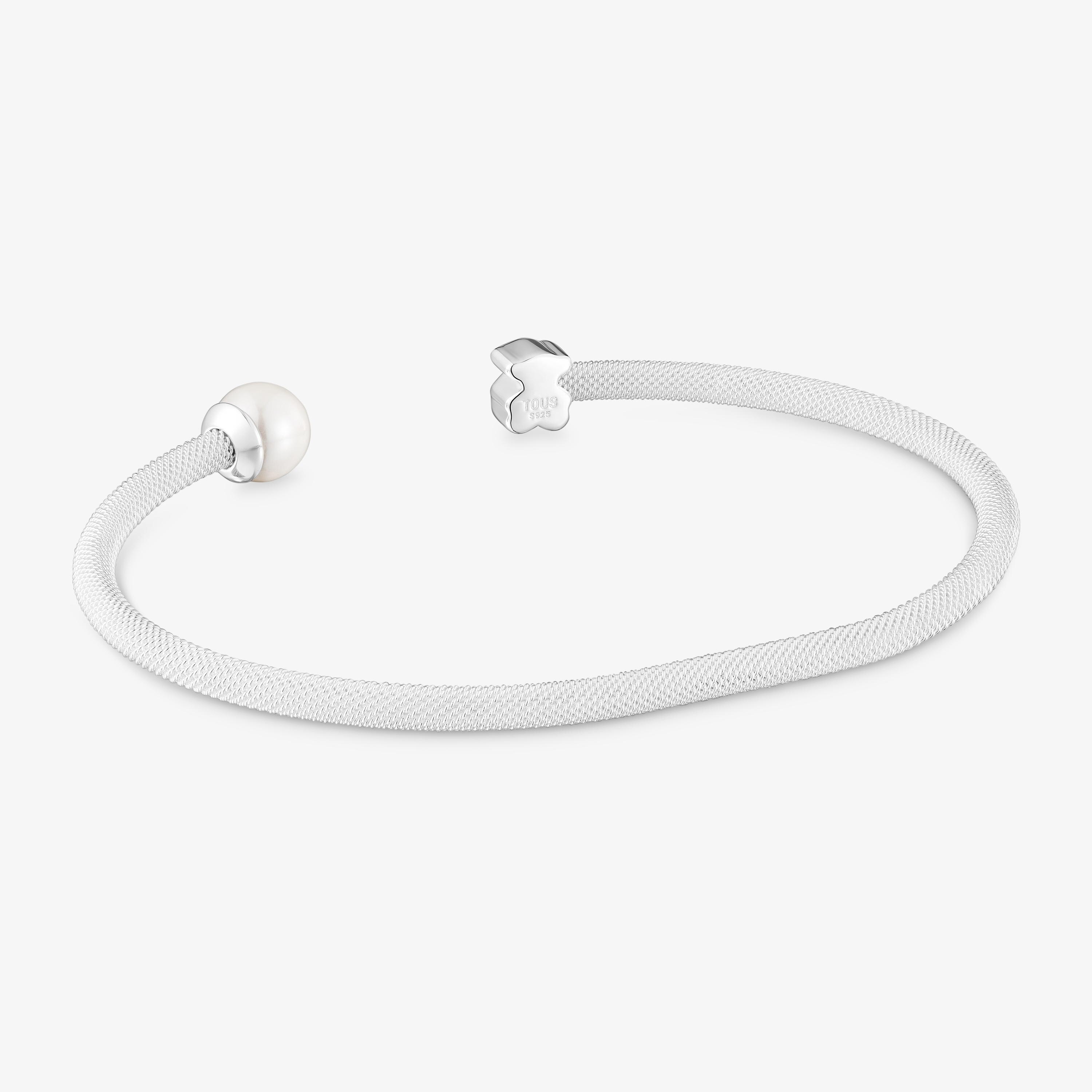 Silver Bangle with cultured pearl Icon Mesh